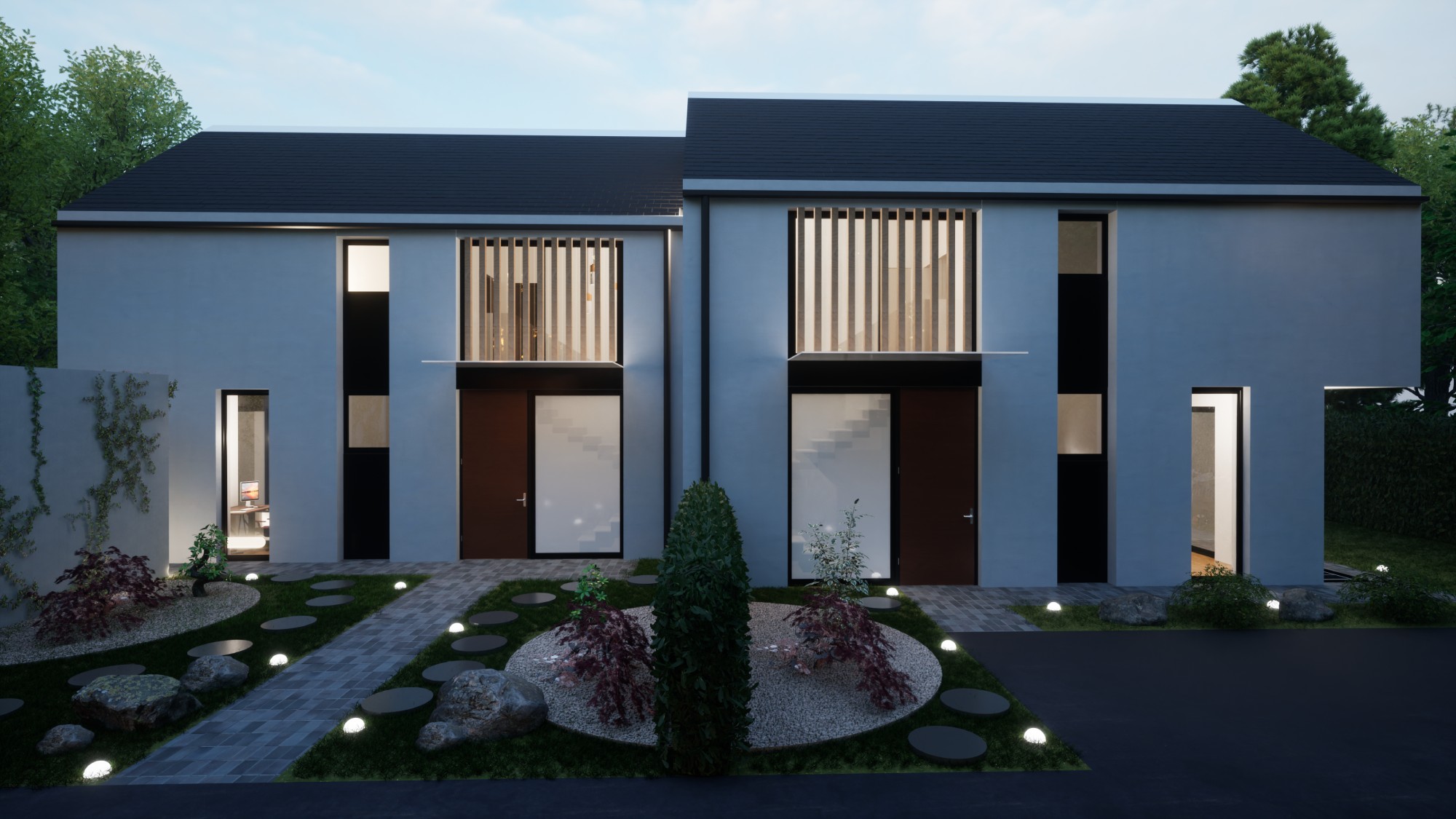 façade principale Vue d’ensemble du projet Minergie-P à Crans-près-Céligny, deux villas mitoyennes contemporaines réalisées avec des finitions de qualité.